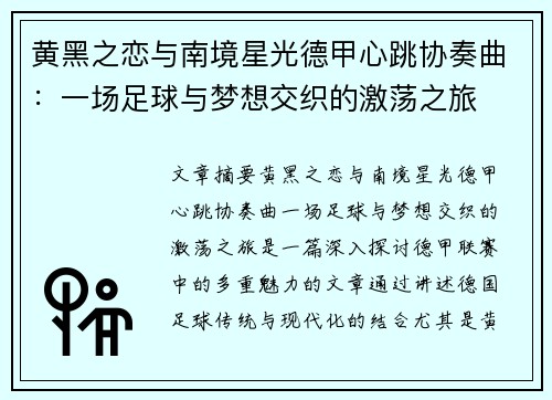 黄黑之恋与南境星光德甲心跳协奏曲：一场足球与梦想交织的激荡之旅