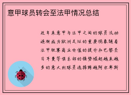 意甲球员转会至法甲情况总结